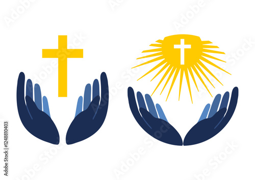 Vector hands holding a cross. Icon and symbol of faith. Religion, Church. Logo