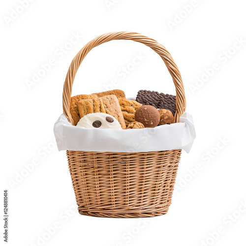 Basket filled with assorted cookies and treats, white isolated background.