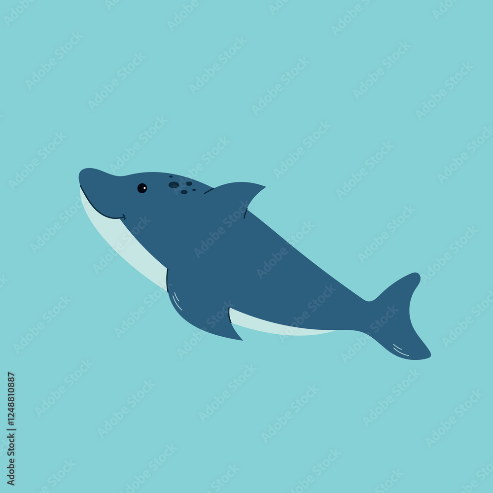 Fototapeta premium Cute cartoon dolphin swimming in a blue ocean. Simple and minimalist vector illustration, perfect for kids, marine life designs, and ocean-themed creative projects.