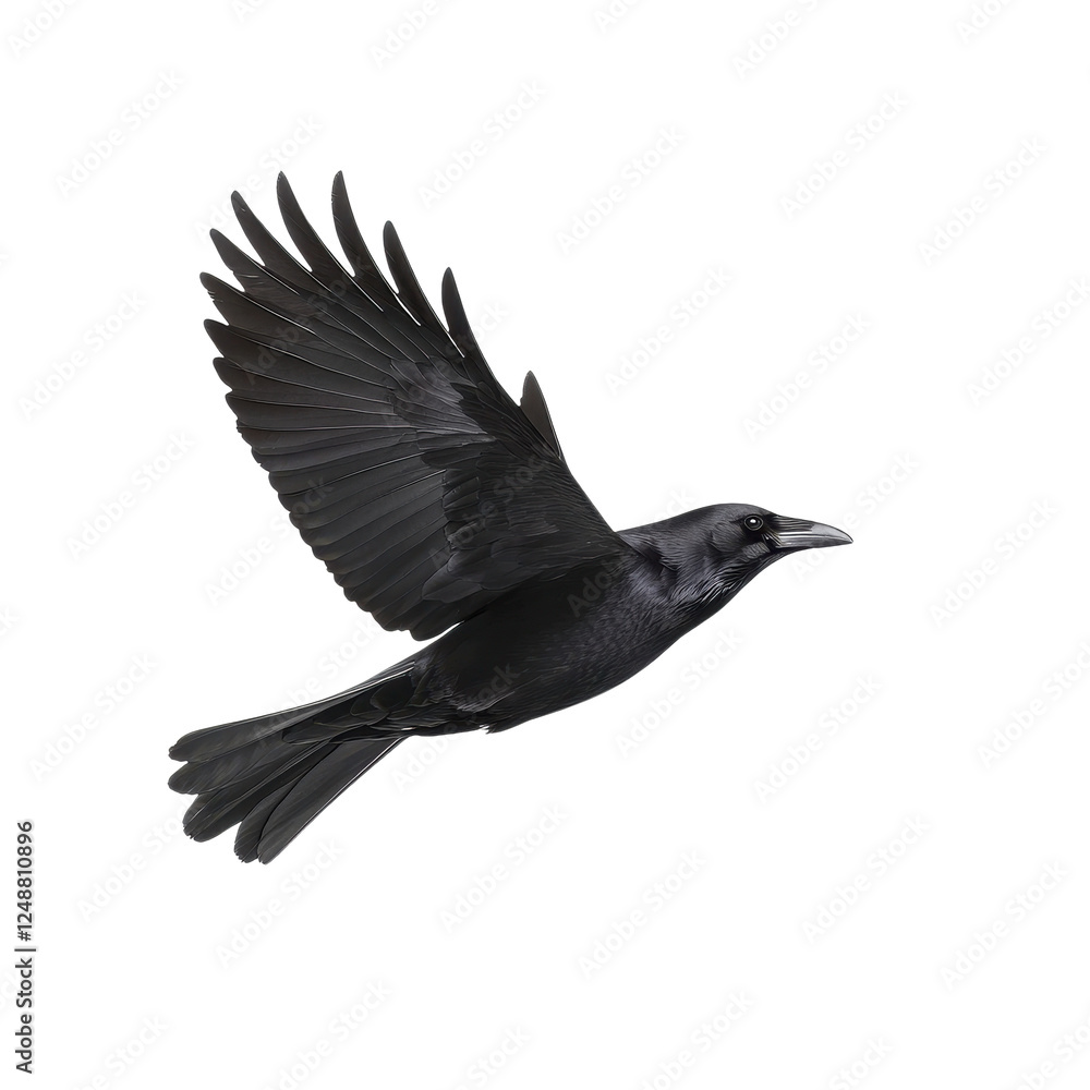 Naklejka premium Black crow in flight, with wings spread, white isolated background