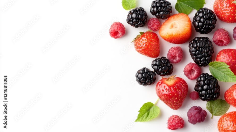 Assorted Fresh Berries and Fruits on a White Background. Generative AI