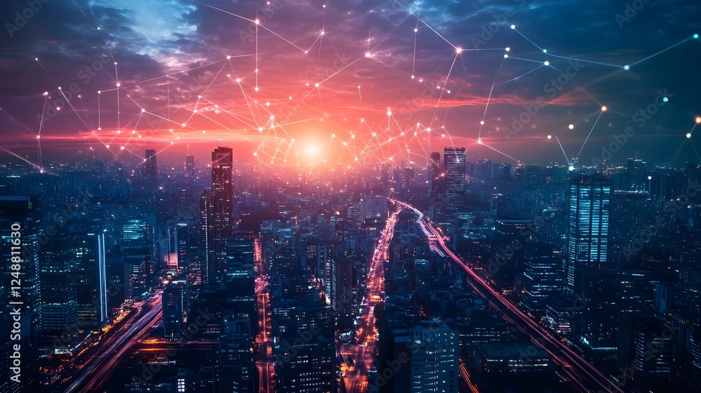 Obraz premium A cityscape with a bright orange sun in the sky. The sun is surrounded by a network of lines, which represent the internet. The city is lit up at night, creating a vibrant and bustling atmosphere