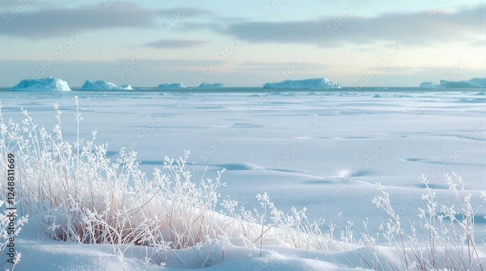 Obraz premium A serene winter landscape showcasing glacial icebergs floating in a tranquil lake, surrounded by frosted grasses and mountains under a cloudy sky, evoking a sense of cold beauty
