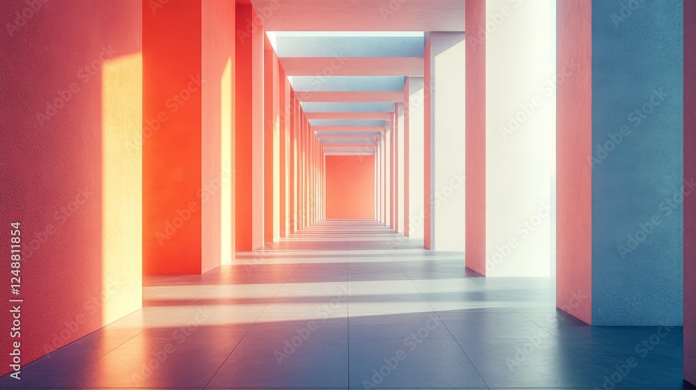 Linear architectural hallway illuminated by contrasting light and shadow Linear architectural hallway illuminated by contrasting light and shadow