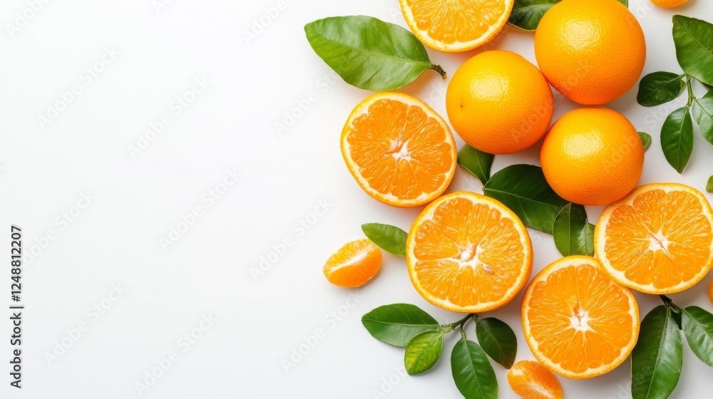 Fototapeta premium Group of Fresh Oranges with Leaves on White Background. Generative AI