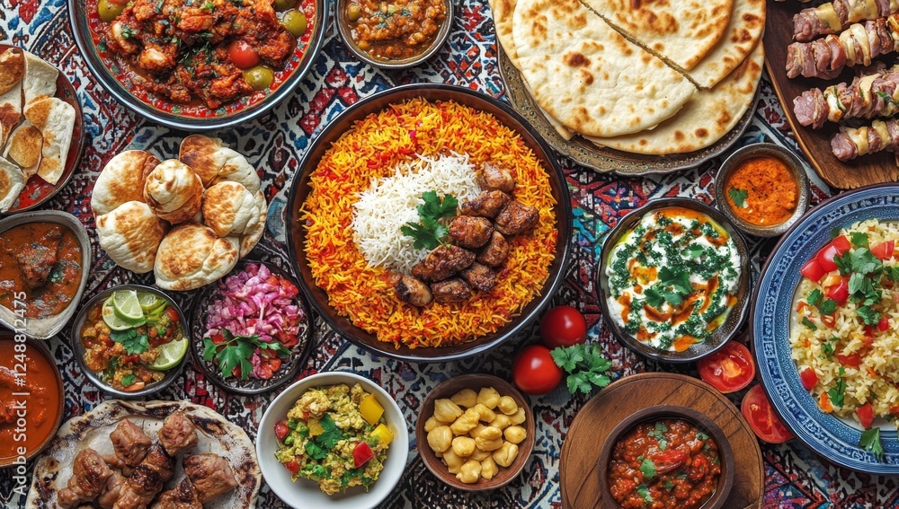 Overhead view of delicious Central Asian feast on ornate carpet Overhead view of delicious Central Asian feast on ornate carpet