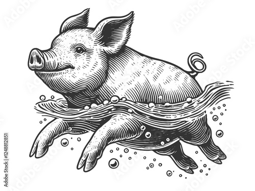 Swimming Pig engraving sketch vector illustration