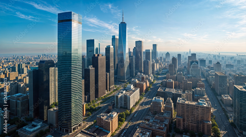 Obraz premium Urban city high-rise buildings. Cityscape skyline buildings panorama. Modern architectural city aerial view.