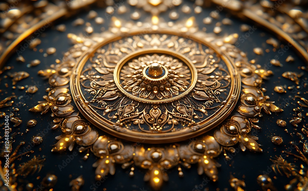 Intricate Golden Design with Ornate Patterns and Central Gem on Dark Background Intricate Golden Design with Ornate Patterns and Central Gem on Dark Background