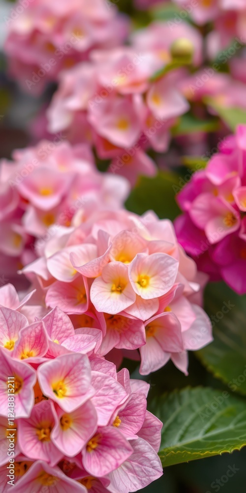 Blossoming pink flowers with yellow centers in a vibrant garden during springtime Blossoming pink flowers with yellow centers in a vibrant garden during springtime