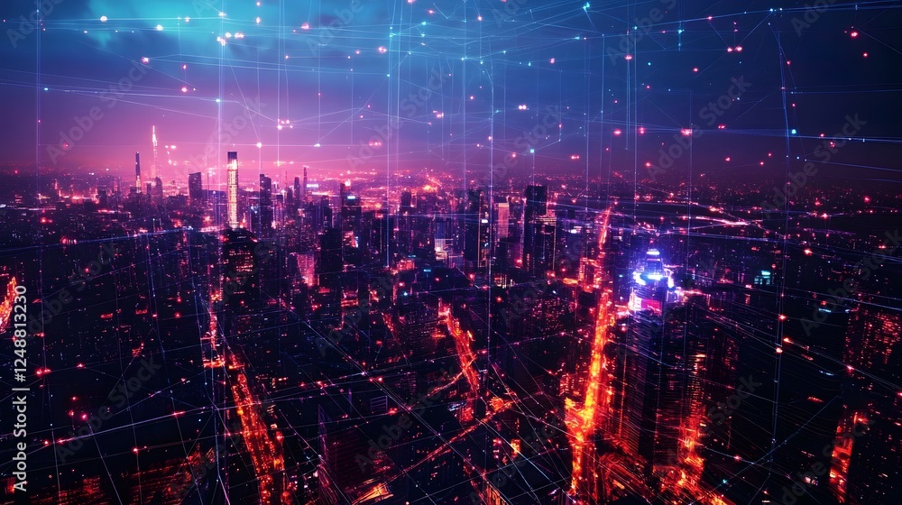 Fototapeta premium A cityscape with a lot of lights and a lot of dots. The city is lit up and the sky is dark