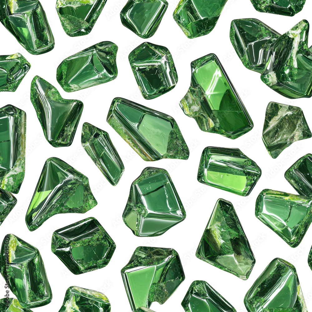 Naklejka premium Glossy Green Gemstones and Crystals on Black Background Display