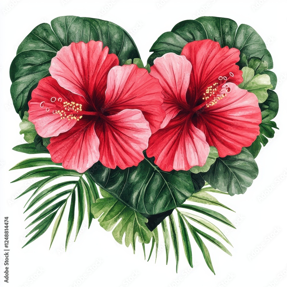 Obraz premium Romantic Heart Shaped Hibiscus Flowers with Lush Tropical Leaves Watercolor Painting
