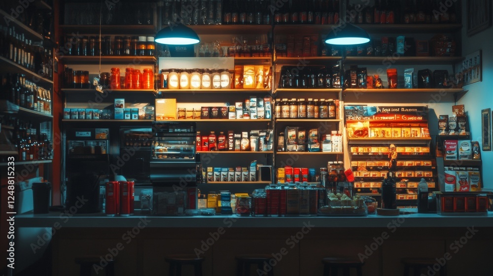 Moody grocery store with dim lighting and stocked shelves Moody grocery store with dim lighting and stocked shelves