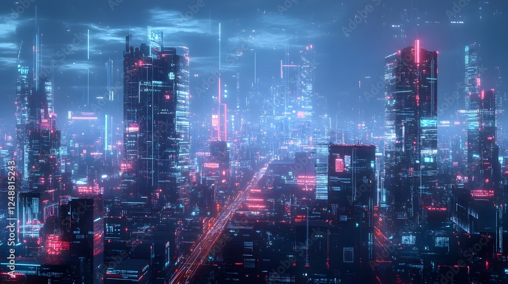 A cityscape with neon lights and buildings in the background. The city is lit up and he is futuristic A cityscape with neon lights and buildings in the background. The city is lit up and he is futuristic