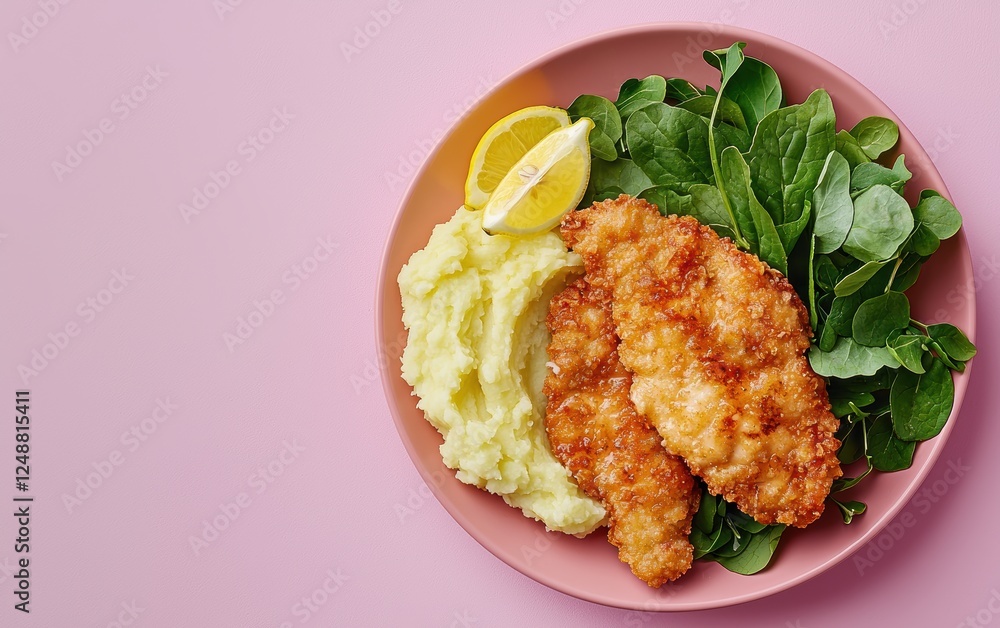 Chicken schnitzel with lemon wedges, fresh greens, and buttery mashed potatoes, placed on a pastel lavender background Chicken schnitzel with lemon wedges, fresh greens, and buttery mashed potatoes, placed on a pastel lavender background