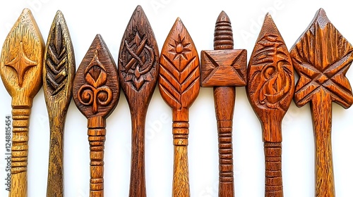 Carved wooden spear tips, decorative display photo