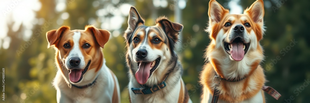 Three dogs of different breeds stand side by side, smiling happily Three dogs of different breeds stand side by side, smiling happily