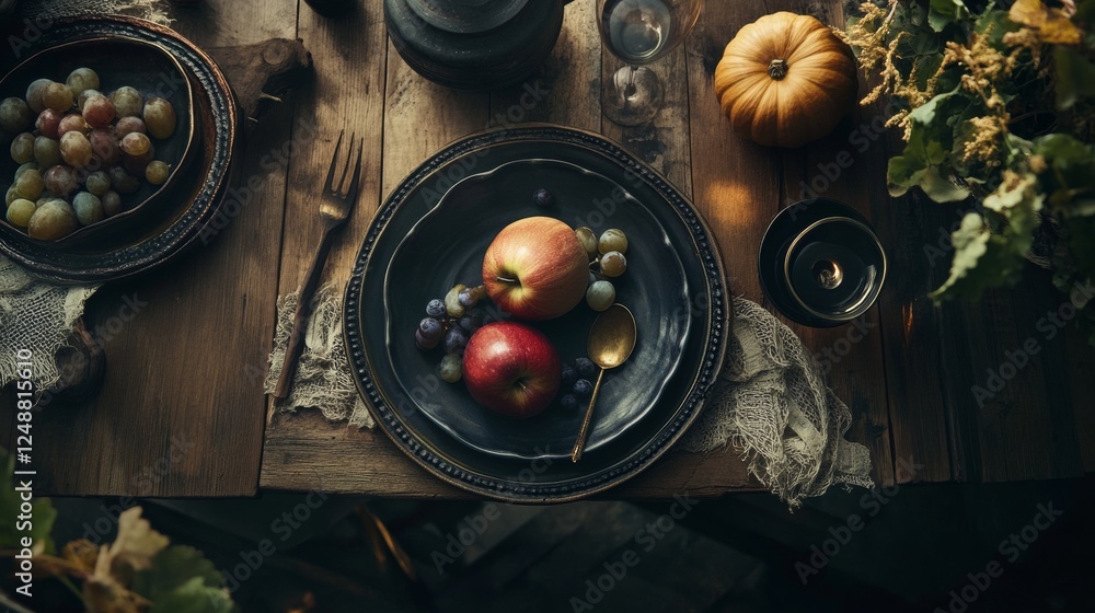 Rustic still life of fresh fruits in a dark kitchen setting