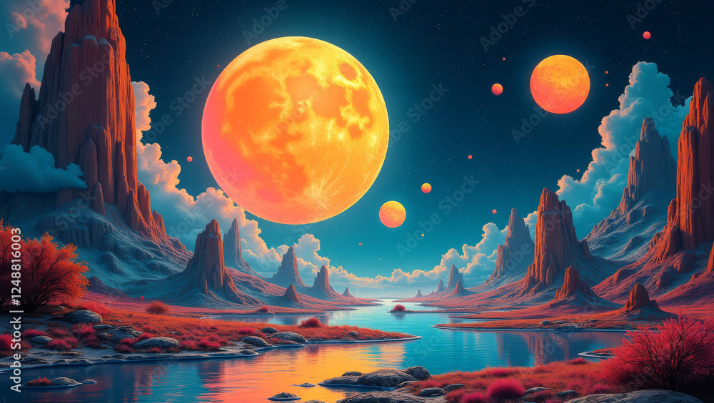 Fantastic alien landscape with the Red Planet and Crystal Mountains against the backdrop of a colorful sky with several moons Fantastic alien landscape with the Red Planet and Crystal Mountains against the backdrop of a colorful sky with several moons
