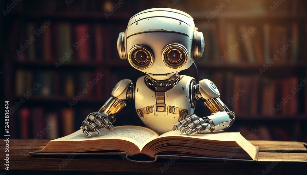 Robotic scholar immersed in literature at a cozy library, embracing the art of machine learning and knowledge acquisition Robotic scholar immersed in literature at a cozy library, embracing the art of machine learning and knowledge acquisition