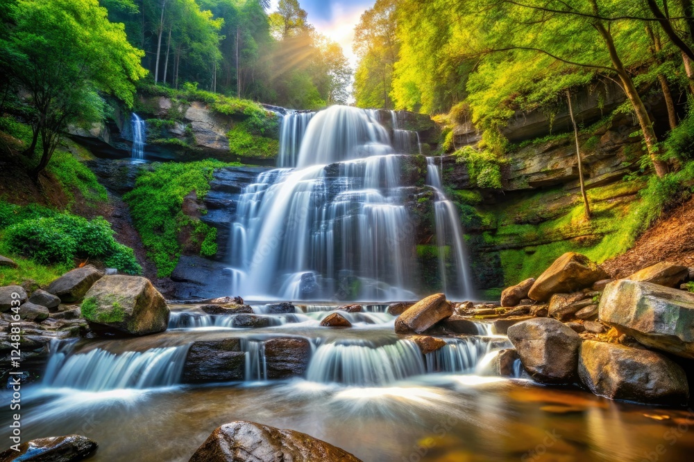 Fototapeta premium Stunning Corbett Falls cascades through lush Uttarakhand teak forests, a Himalayan bokeh masterpiece.