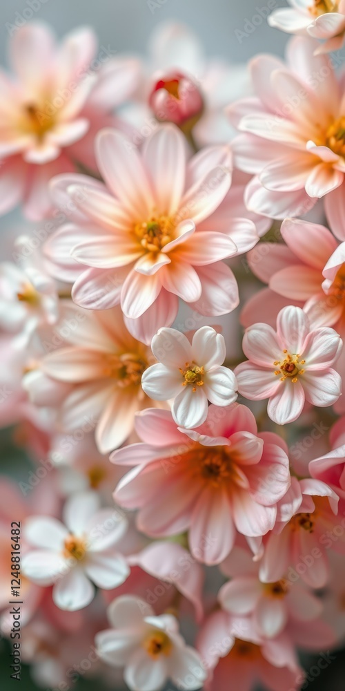 Flowers in soft pink hues create a delicate and serene atmosphere in a close-up arrangement Flowers in soft pink hues create a delicate and serene atmosphere in a close-up arrangement