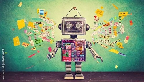 Funny robot learns and explores a world of creative ideas amidst a colorful whirlwind of knowledge