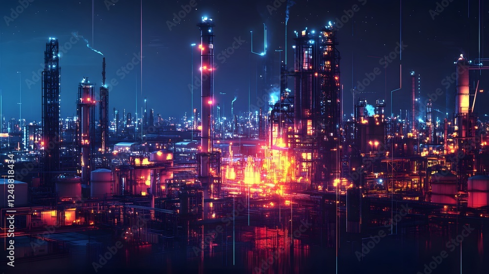 Fototapeta premium A city skyline with many buildings and a large body of water. The city is lit up at night, giving it a vibrant and lively atmosphere