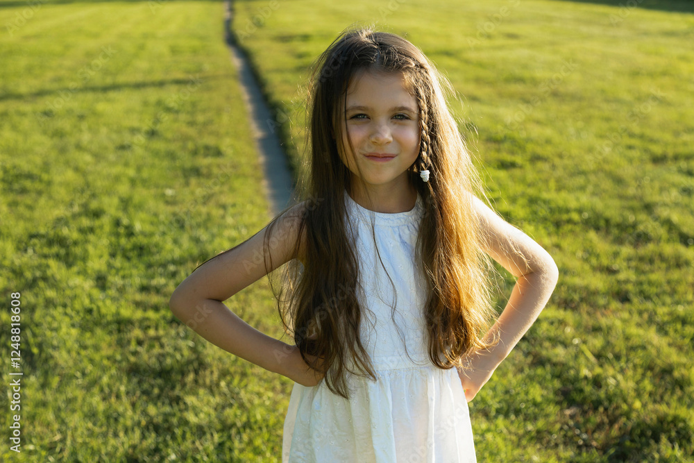 A young girl with long, wavy brown hair stands in a sunlit field, wearing a white dress. Her arms are crossed, and she gazes softly at the camera with a gentle expression. The sunlight highlights her A young girl with long, wavy brown hair stands in a sunlit field, wearing a white dress. Her arms are crossed, and she gazes softly at the camera with a gentle expression. The sunlight highlights her