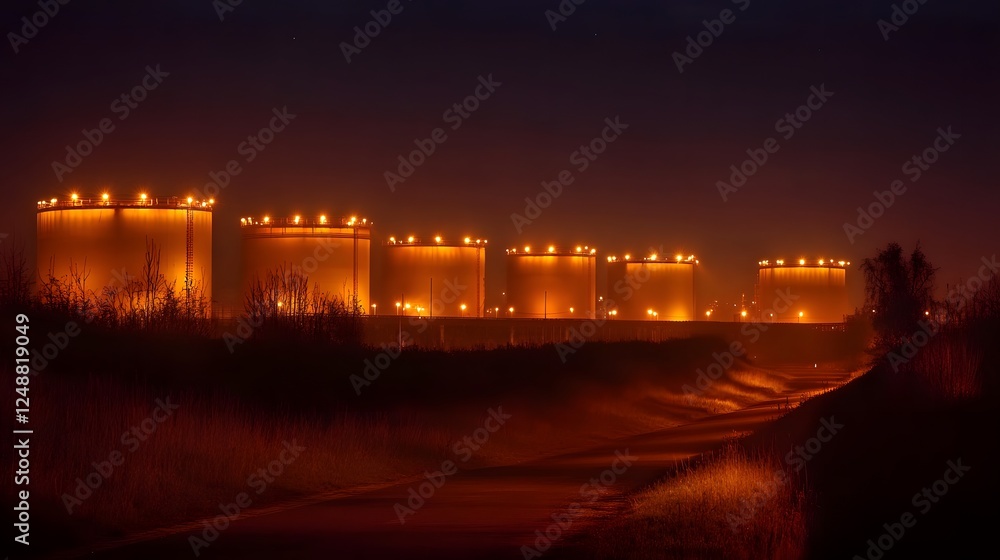 Fototapeta premium A row of oil tanks are lit up at night. The scene is dark and quiet, with only the lights from the tanks illuminating the area. The tanks are arranged in a row, with some closer to the foreground