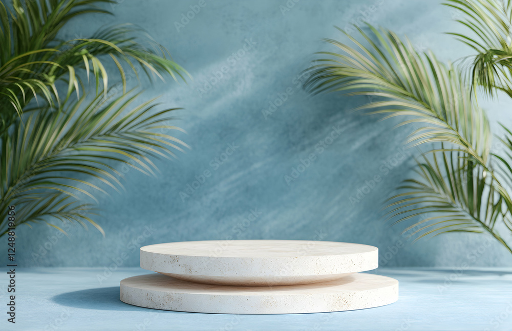 Serene Minimalist Product Display with Palm Leaves and Blue Background Serene Minimalist Product Display with Palm Leaves and Blue Background