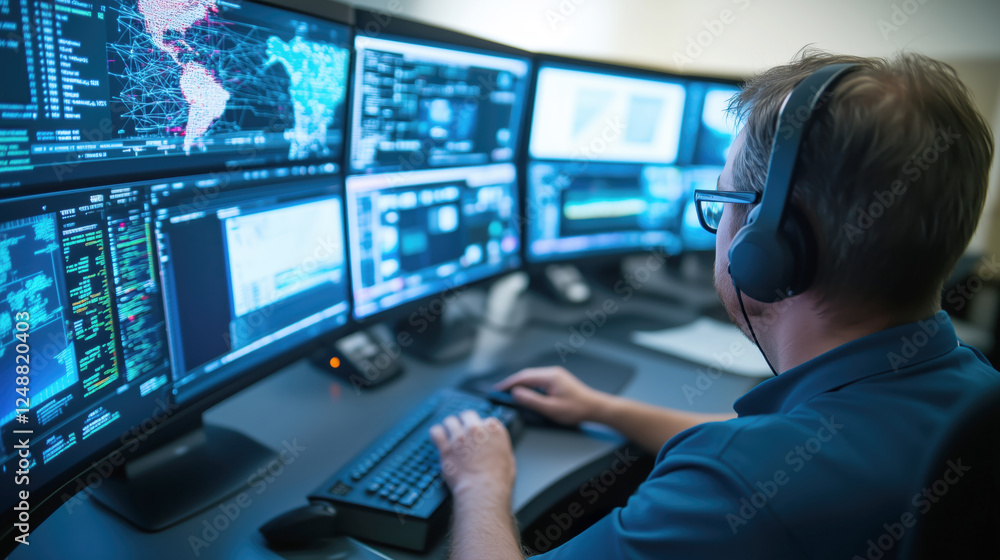 Data Analyst Monitoring Multiple Screens in Modern Office Setup Data Analyst Monitoring Multiple Screens in Modern Office Setup