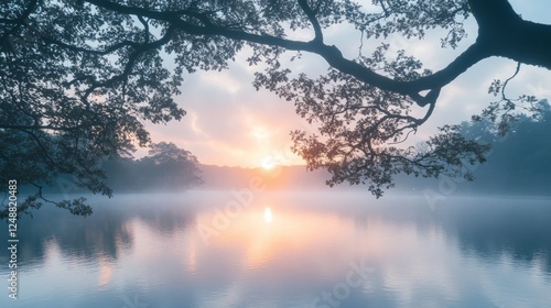 Serene lake at sunrise with trees and ethereal mist