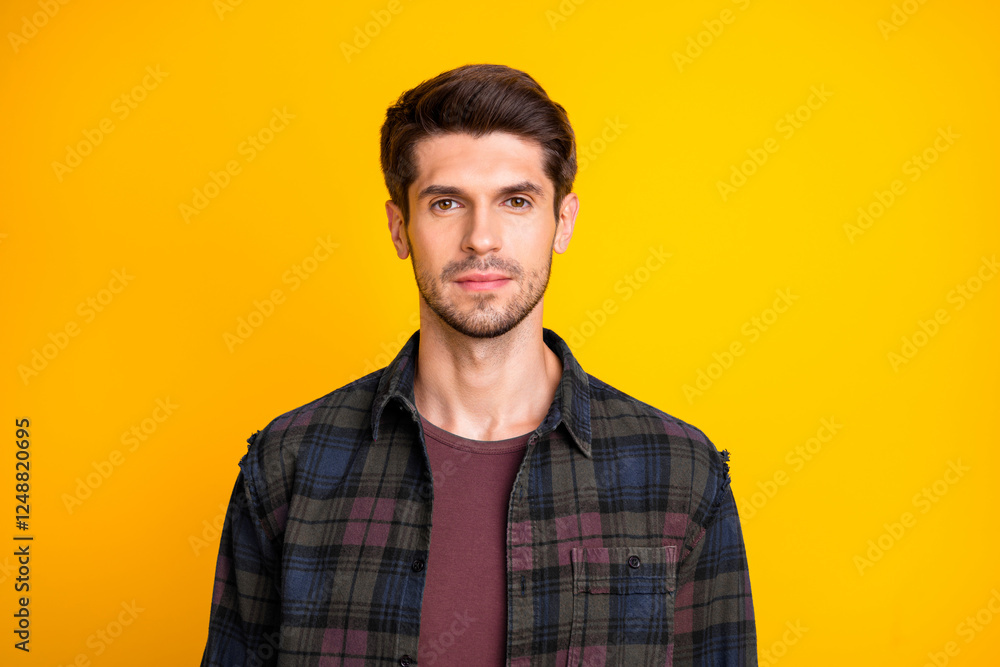 Fix temples please Photo of amazing serious macho looking mirror in stylist salon wear casual outfit isolated yellow color background Fix temples please Photo of amazing serious macho looking mirror in stylist salon wear casual outfit isolated yellow color background