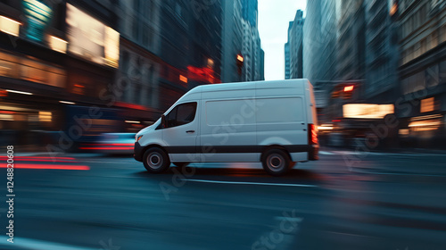 Fototapeta Naklejka Na Ścianę i Meble -  White modern cargo van mock up driving city road for express delivery service, business logistics and distribution