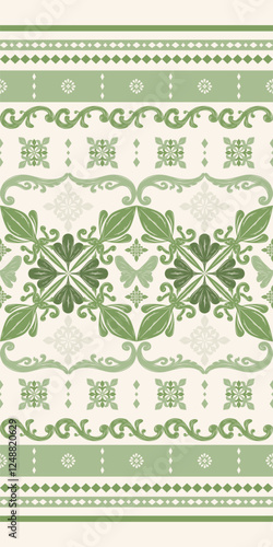 Classy Royal Green Four Leaves Clover Design on Beige Pattern. Brocade Embroidery ornament for Rich and Elegant Design for Luxury Apparel Haute Couture. Fleur de lis Exquisite Silk, hand weaves, noble