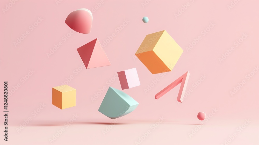 Abstract 3D rendering of colorful geometric shapes against a pink background. Abstract 3D rendering of colorful geometric shapes against a pink background.
