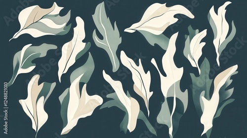 Abstract Botanical Leaf Pattern Design. A Modern and Artistic Floral Print with Cream and Green Leaves on Dark Background