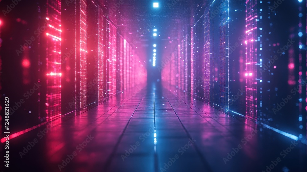 Naklejka premium Neon-lit server room corridor; data center, futuristic technology background