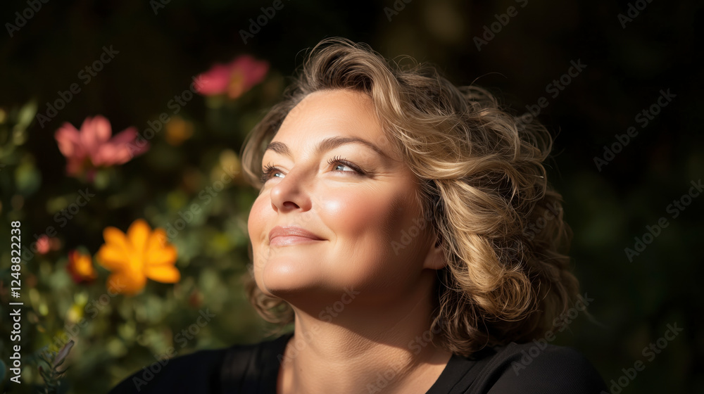 Naklejka premium Serene Woman Enjoying Nature with Colorful Flowers in Background