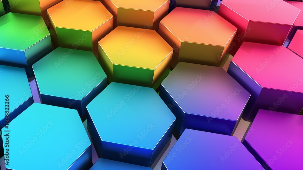 Abstract 3D rendering of a honeycomb pattern with a rainbow of colors. Abstract 3D rendering of a honeycomb pattern with a rainbow of colors.