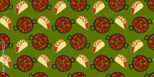 Taco meat filling, greens and vegetables and Chili con carne cast iron pan Seamless Pattern in green