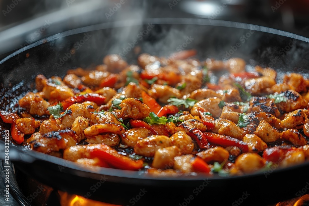 Sizzling skillet filled with stir-fried chicken and peppers, fresh herbs, culinary delight, Generated AI Sizzling skillet filled with stir-fried chicken and peppers, fresh herbs, culinary delight, Generated AI