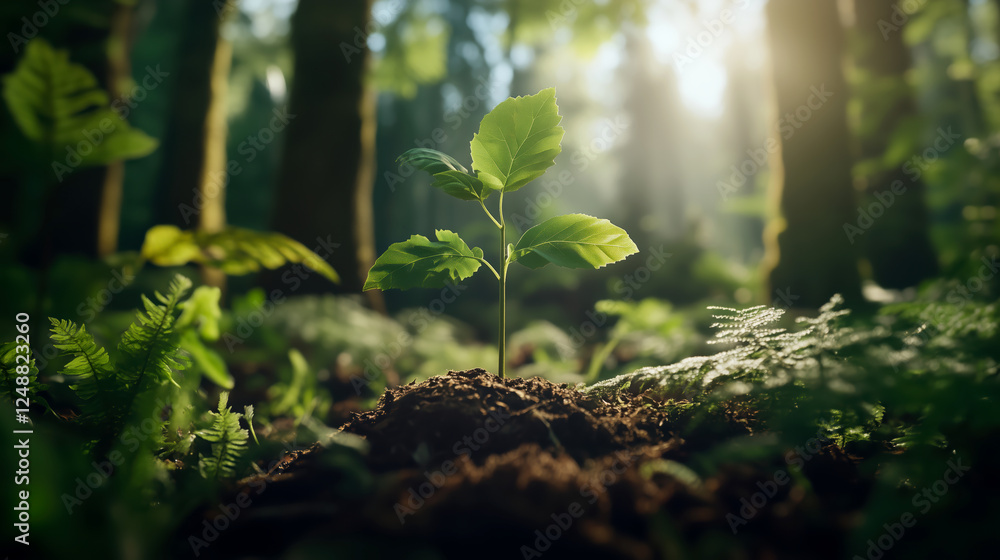 Delicate Seedling Emerging from Rich Soil in Sunlit Forest Scene Delicate Seedling Emerging from Rich Soil in Sunlit Forest Scene