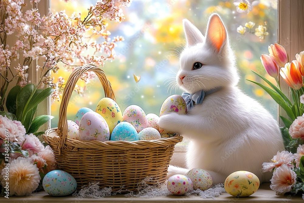 a charming easter scene with a fluffy white bunny wearing a blue bow, arranging pastel-colored decorated eggs in a wicker basket, surrounded by blooming tulips and cherry blossoms by a sunlit window a charming easter scene with a fluffy white bunny wearing a blue bow, arranging pastel-colored decorated eggs in a wicker basket, surrounded by blooming tulips and cherry blossoms by a sunlit window