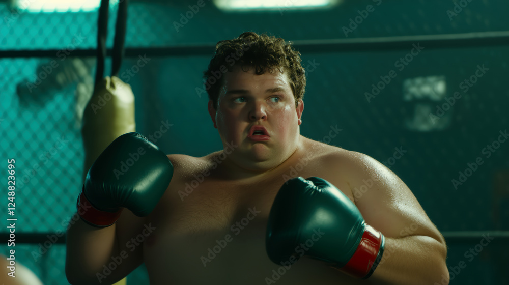 Overweight Boxer Training in Gym with Focused Expression Overweight Boxer Training in Gym with Focused Expression