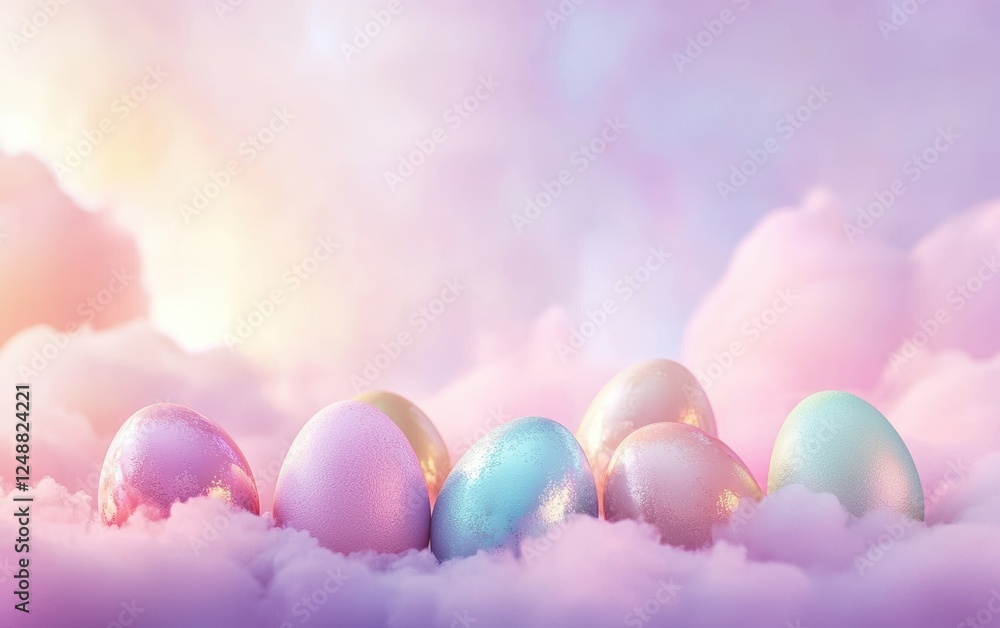 Dreamy mockup background with space for text designed with an abstract cloud-like effect combined with Easter eggs in pearlescent hues for Easter Dreamy mockup background with space for text designed with an abstract cloud-like effect combined with Easter eggs in pearlescent hues for Easter