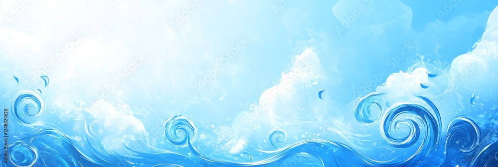 Abstract Blue Watercolor Background with Swirling Shapes Depicting Ocean Waves and Cloudy Sky Abstract Blue Watercolor Background with Swirling Shapes Depicting Ocean Waves and Cloudy Sky