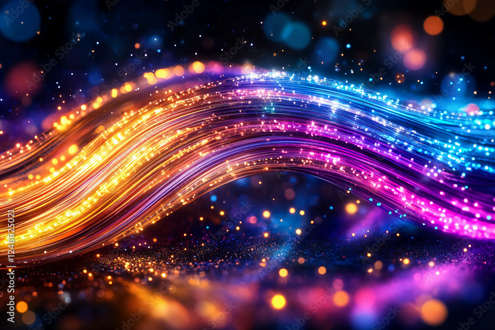 Naklejka premium Title: Extreme close-up of a bundle of fiber optics with vibrant, colorful beams of light bursting from the strands, creating an energetic and dynamic visual representation